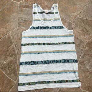 Women’s XS Boho Tribal Stripe Tank Top White Blue Sleeveless Casual Summer
